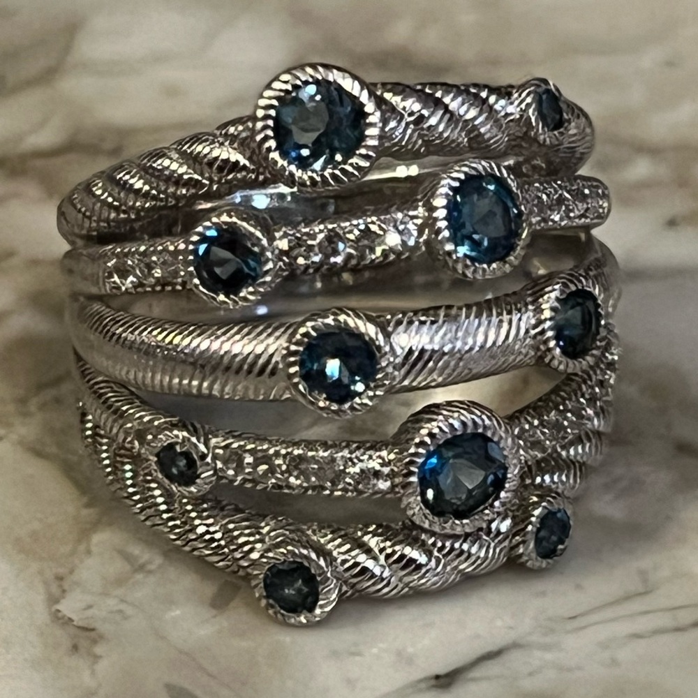 Judith Ripka Silver Multi-Band Ring with Blue Gem Accents